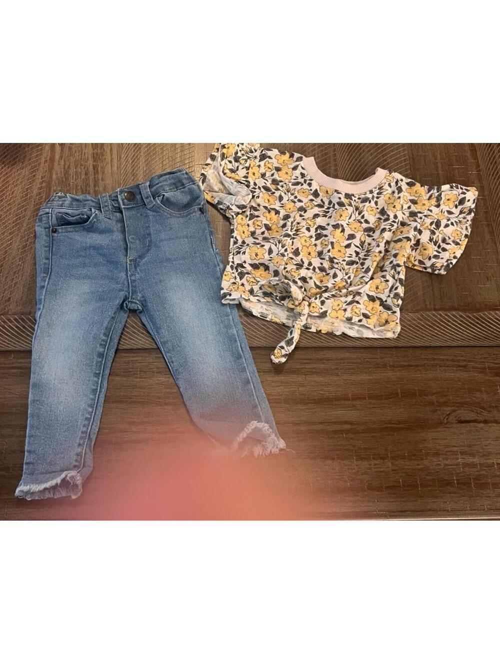 Jessica Simpson 2-Piece Girls Outfit - Floral Top and Fringed Skinny Jeans 12M